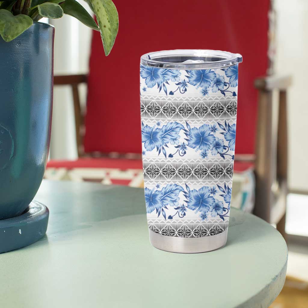 Samoa White Sunday Tumbler Cup Samoan Tapa Blue Hibiscus - Polynesian Pride