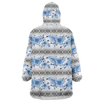 Samoa White Sunday Wearable Blanket Hoodie Samoan Tapa Blue Hibiscus - Polynesian Pride
