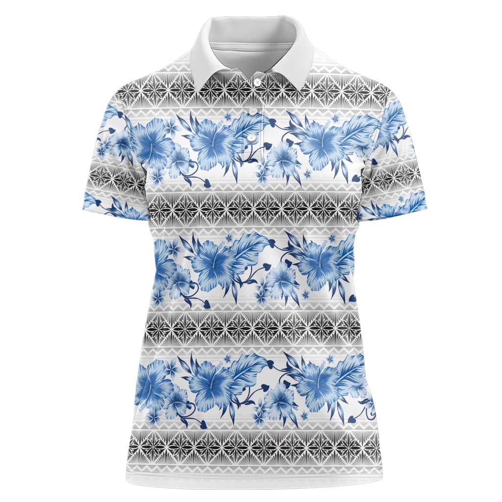 Samoa White Sunday Women Polo Shirt Samoan Tapa Blue Hibiscus - Polynesian Pride