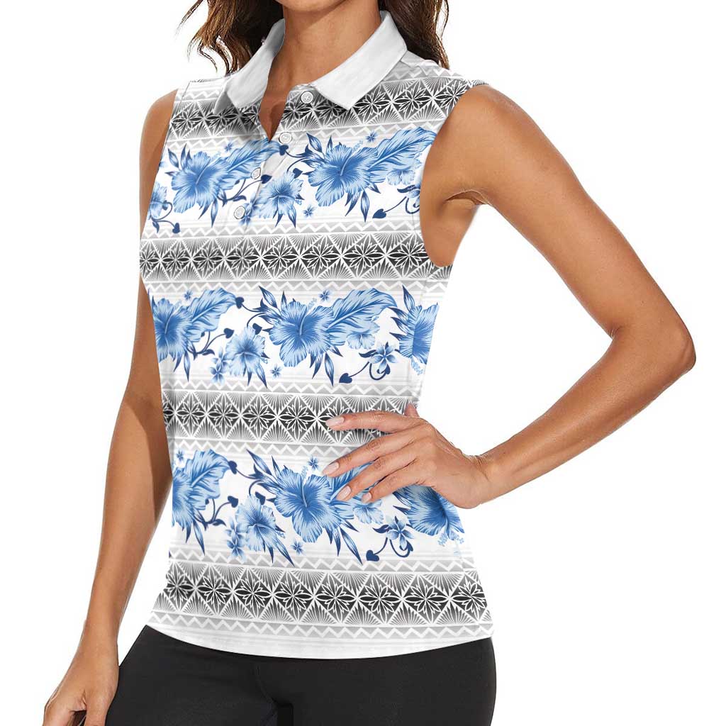 Samoa White Sunday Women Sleeveless Polo Shirt Samoan Tapa Blue Hibiscus - Polynesian Pride