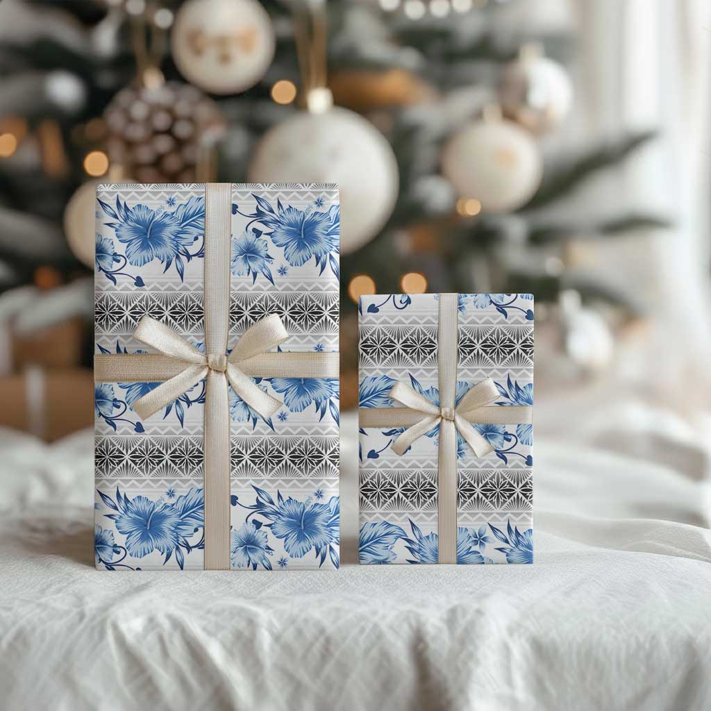 Samoa White Sunday Wrapping Paper Samoan Tapa Blue Hibiscus - Polynesian Pride