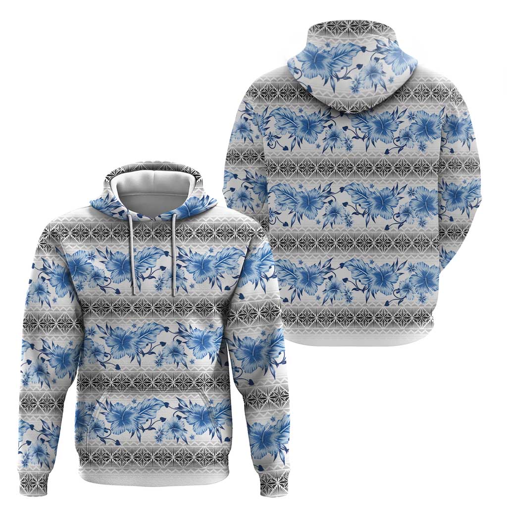 Samoa White Sunday Zip Hoodie Samoan Tapa Blue Hibiscus - Polynesian Pride
