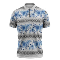 Samoa White Sunday Zipper Polo Shirt Samoan Tapa Blue Hibiscus - Polynesian Pride