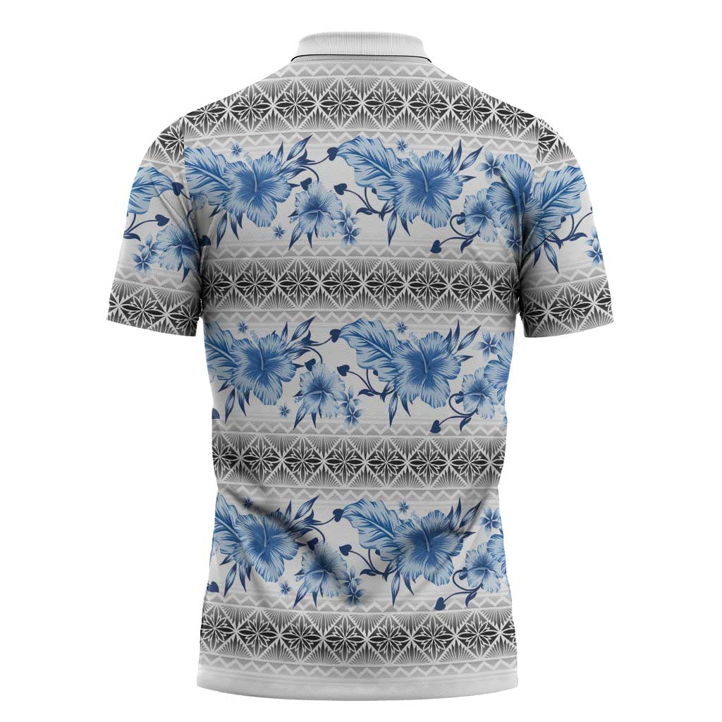 Samoa White Sunday Zipper Polo Shirt Samoan Tapa Blue Hibiscus - Polynesian Pride