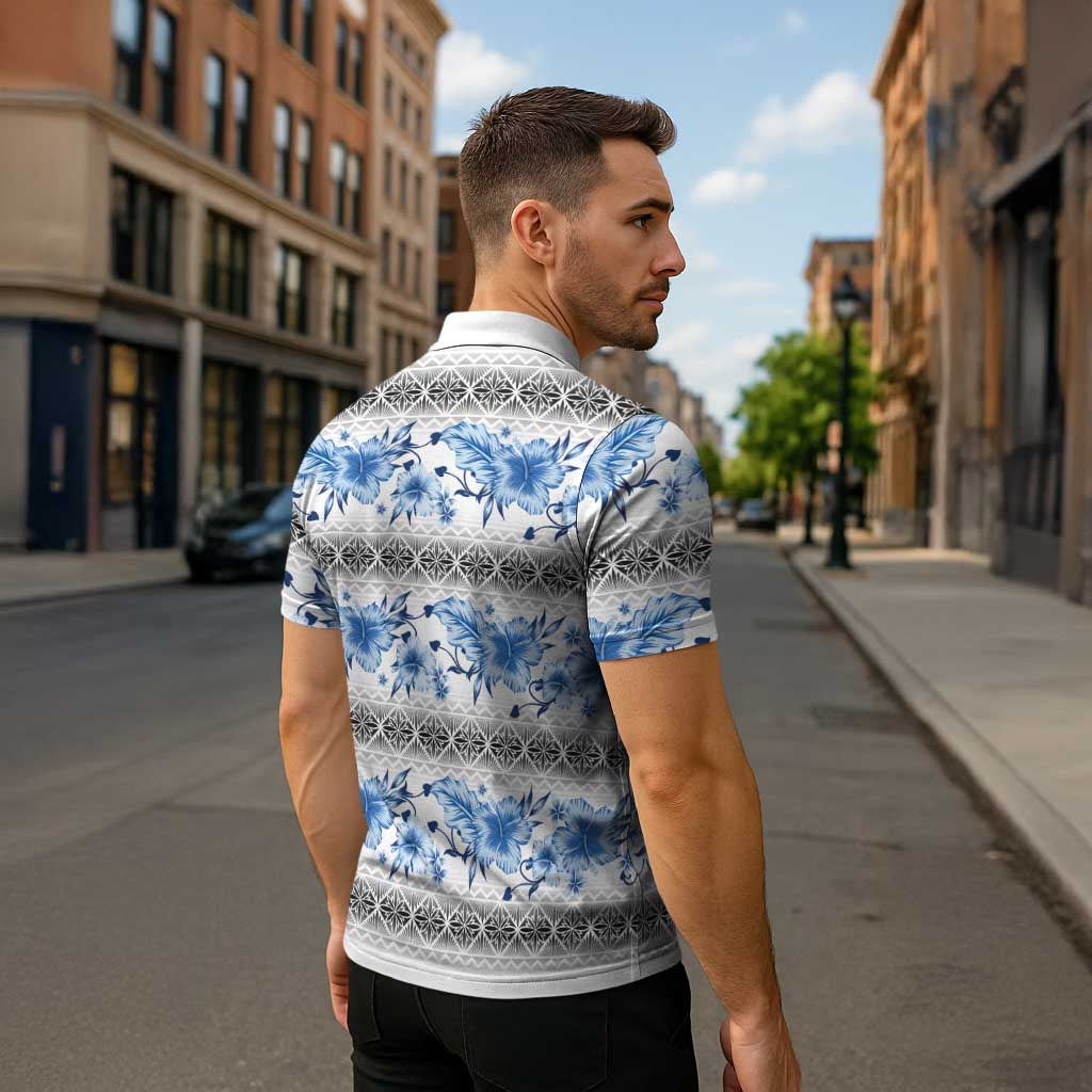 Samoa White Sunday Zipper Polo Shirt Samoan Tapa Blue Hibiscus LT05