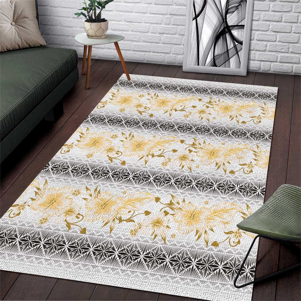 Samoa White Sunday Area Rug Samoan Tapa Yellow Hibiscus - Polynesian Pride