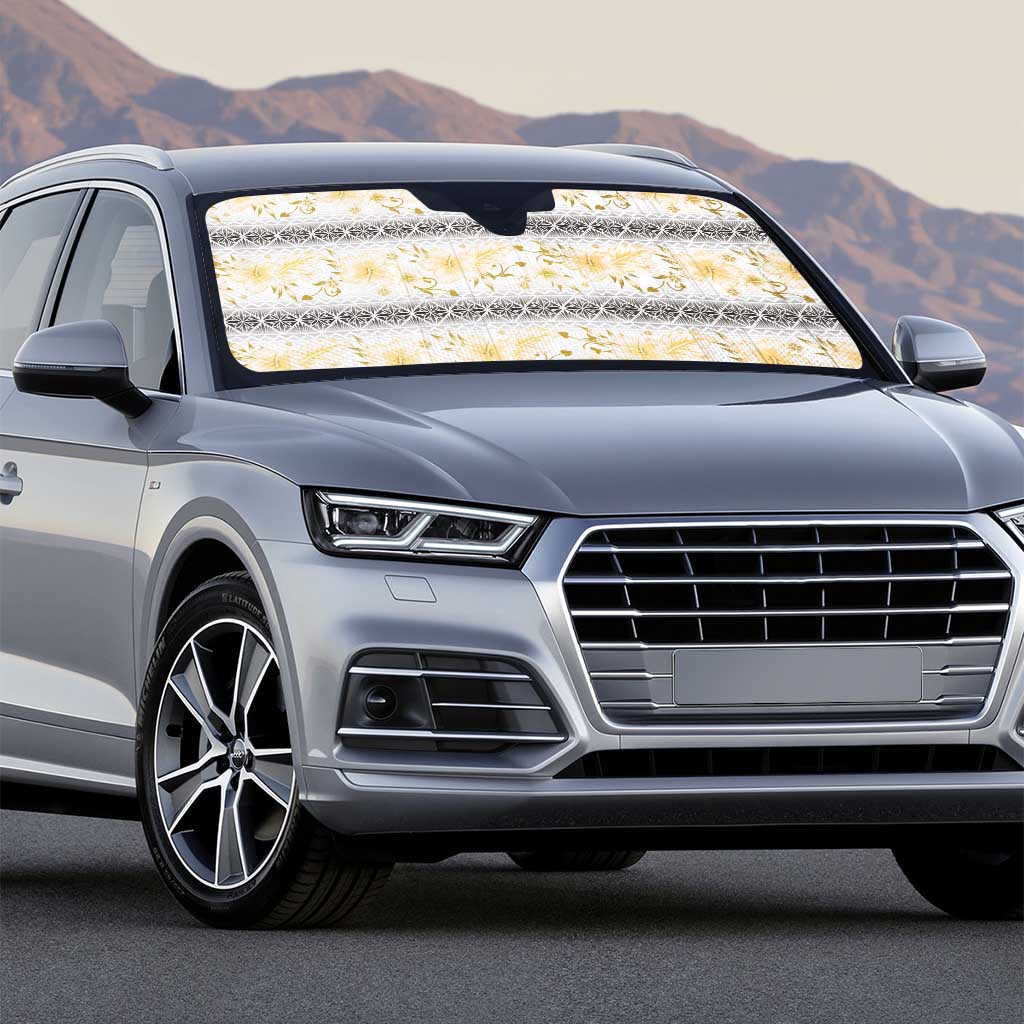 Samoa White Sunday Auto Sun Shade Samoan Tapa Yellow Hibiscus - Polynesian Pride