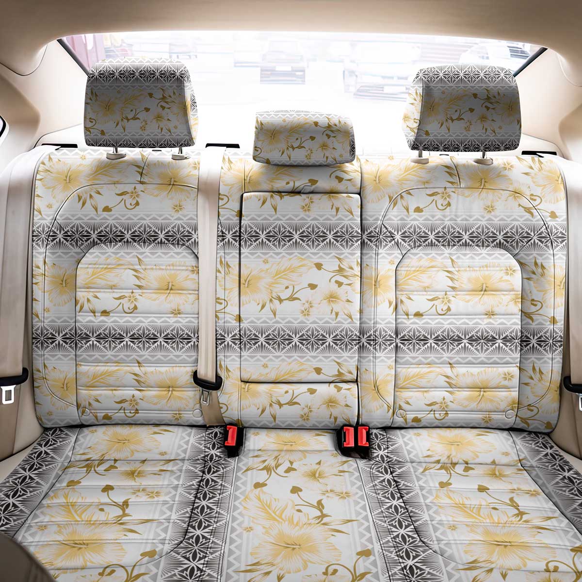 Samoa White Sunday Back Car Seat Cover Samoan Tapa Yellow Hibiscus - Polynesian Pride
