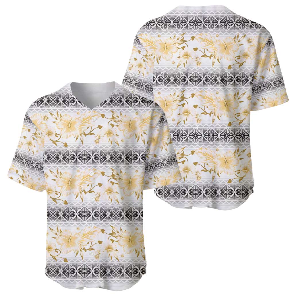 Samoa White Sunday Baseball Jersey Samoan Tapa Yellow Hibiscus - Polynesian Pride