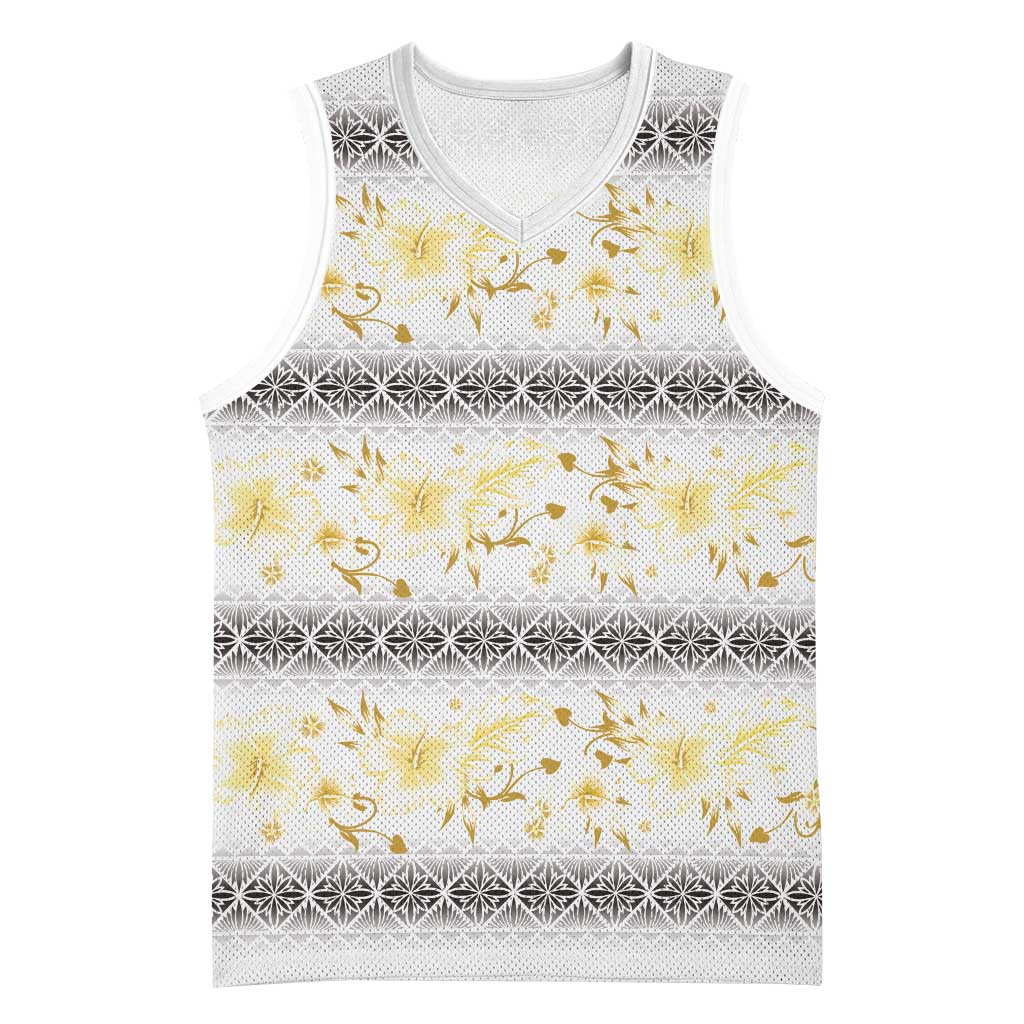 Samoa White Sunday Basketball Jersey Samoan Tapa Yellow Hibiscus - Polynesian Pride