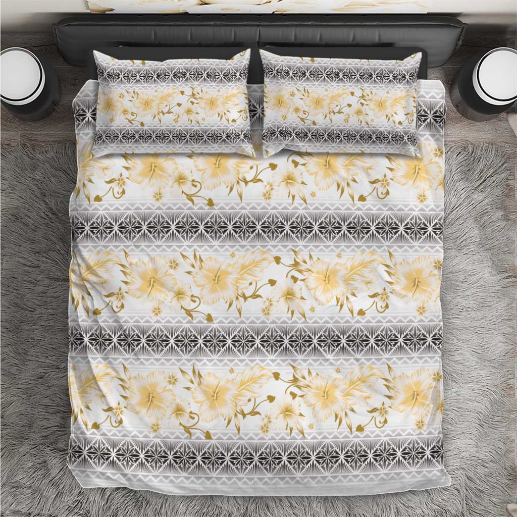 Samoa White Sunday Bedding Set Samoan Tapa Yellow Hibiscus - Polynesian Pride