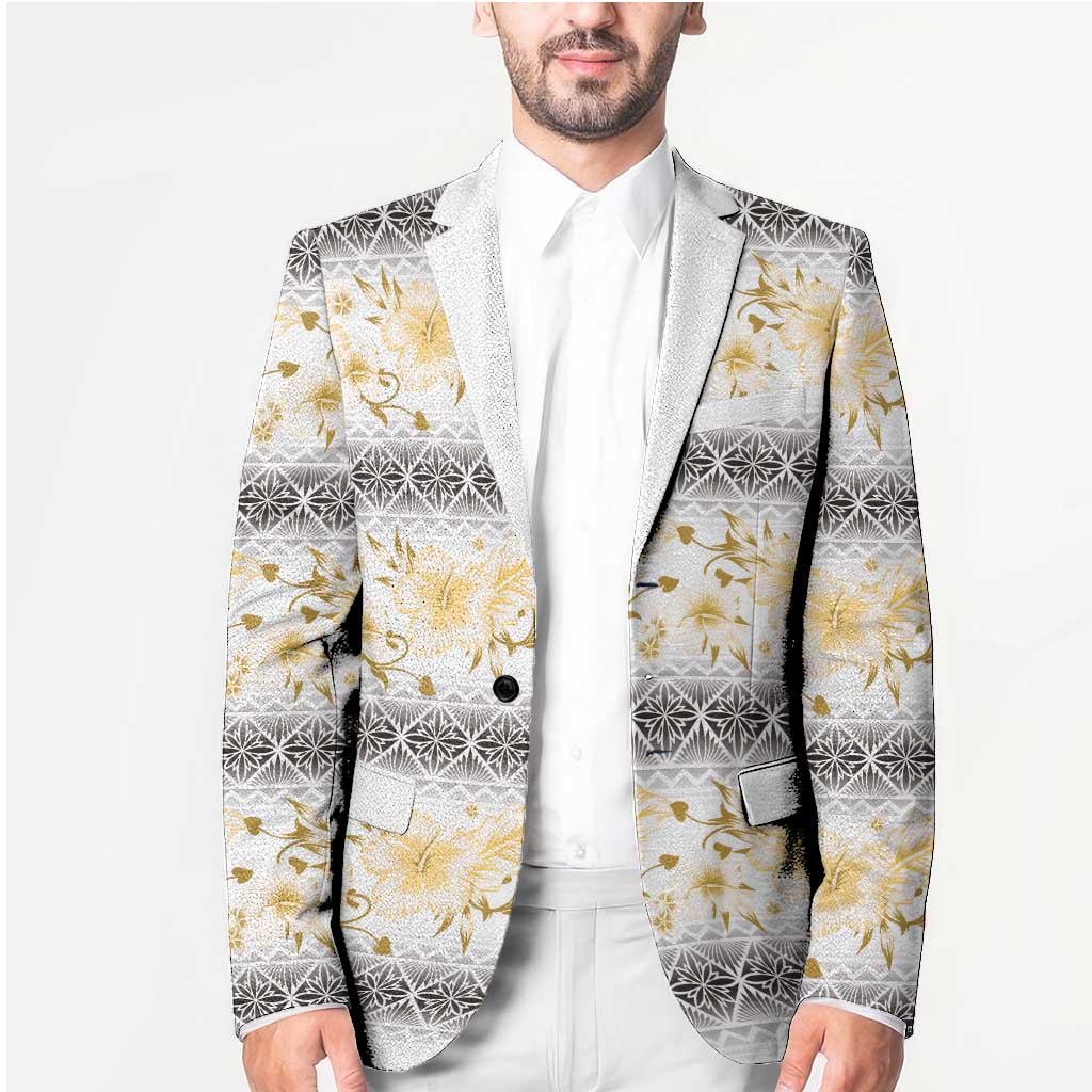 Samoa White Sunday Blazer Samoan Tapa Yellow Hibiscus - Polynesian Pride