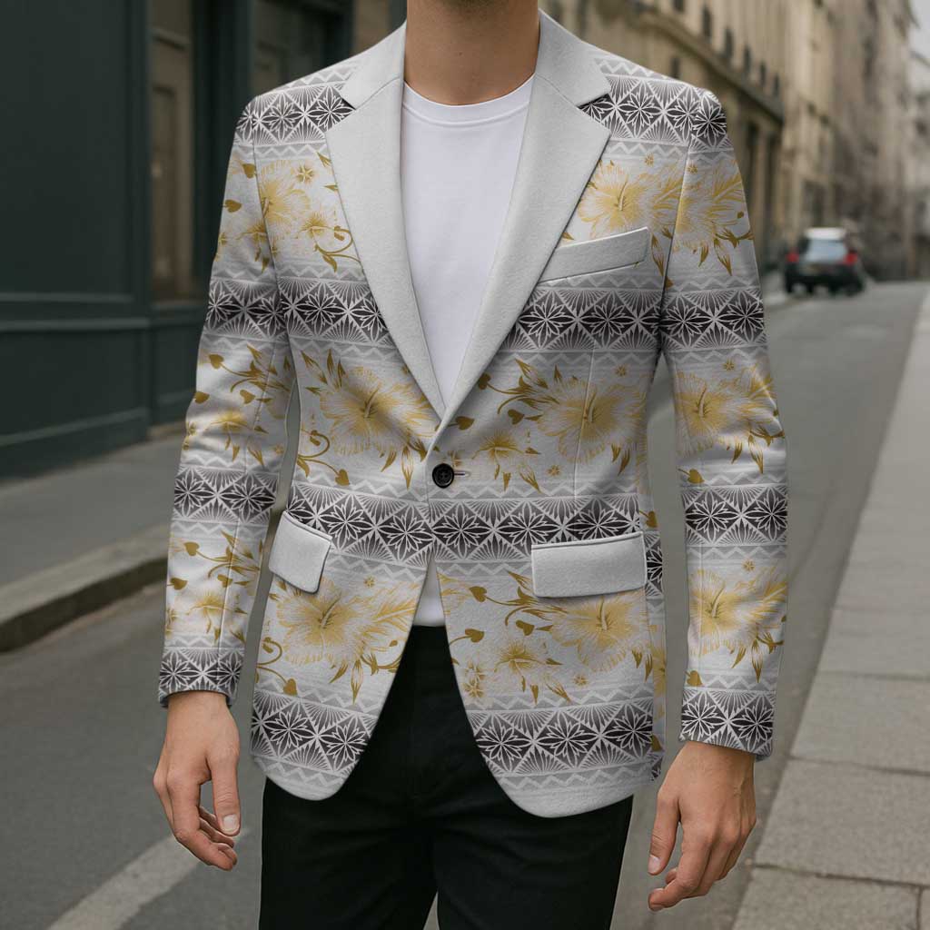 Samoa White Sunday Blazer Samoan Tapa Yellow Hibiscus - Polynesian Pride