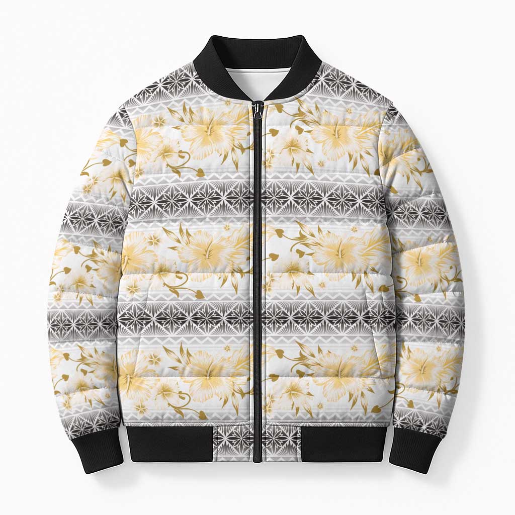 Samoa White Sunday Bomber Puffer Jacket Samoan Tapa Yellow Hibiscus - Polynesian Pride