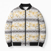 Samoa White Sunday Bomber Puffer Jacket Samoan Tapa Yellow Hibiscus - Polynesian Pride