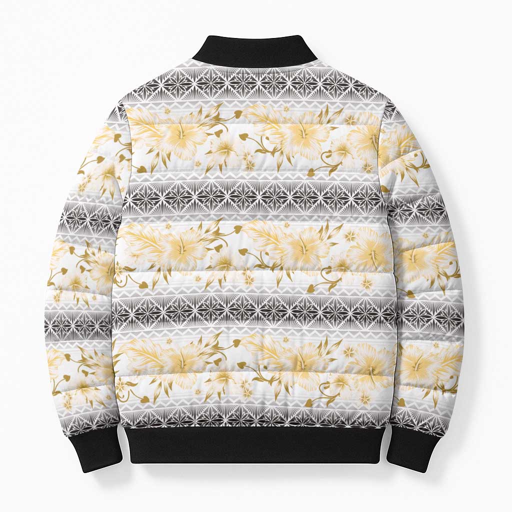Samoa White Sunday Bomber Puffer Jacket Samoan Tapa Yellow Hibiscus - Polynesian Pride