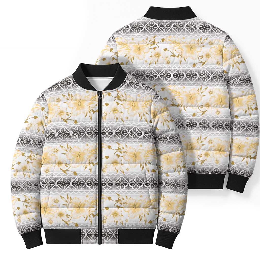 Samoa White Sunday Bomber Puffer Jacket Samoan Tapa Yellow Hibiscus - Polynesian Pride