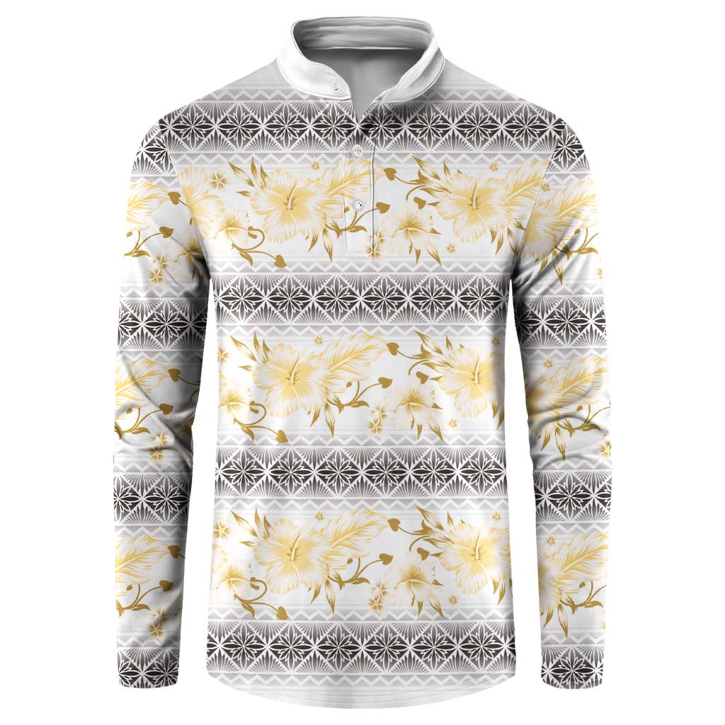 Samoa White Sunday Button Sweatshirt Samoan Tapa Yellow Hibiscus - Polynesian Pride