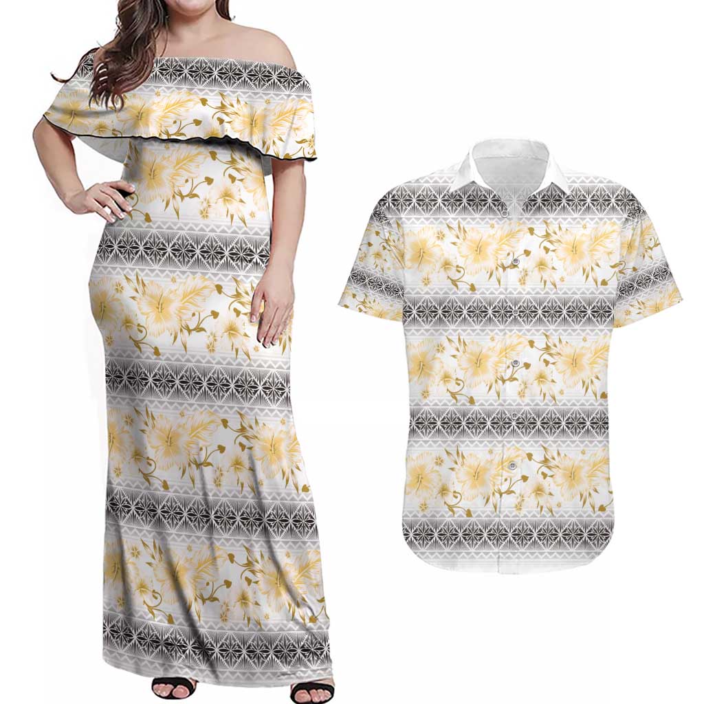 Samoa White Sunday Couples Matching Off Shoulder Maxi Dress and Hawaiian Shirt Samoan Tapa Yellow Hibiscus - Polynesian Pride