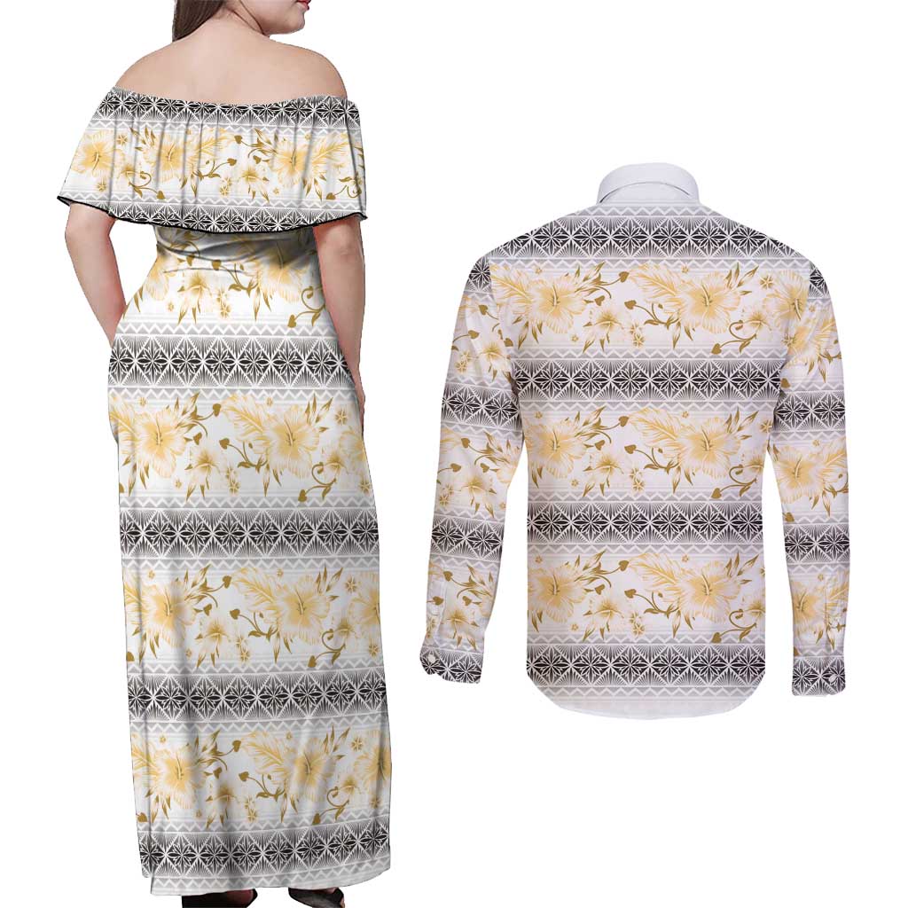 Samoa White Sunday Couples Matching Off Shoulder Maxi Dress and Long Sleeve Button Shirt Samoan Tapa Yellow Hibiscus - Polynesian Pride