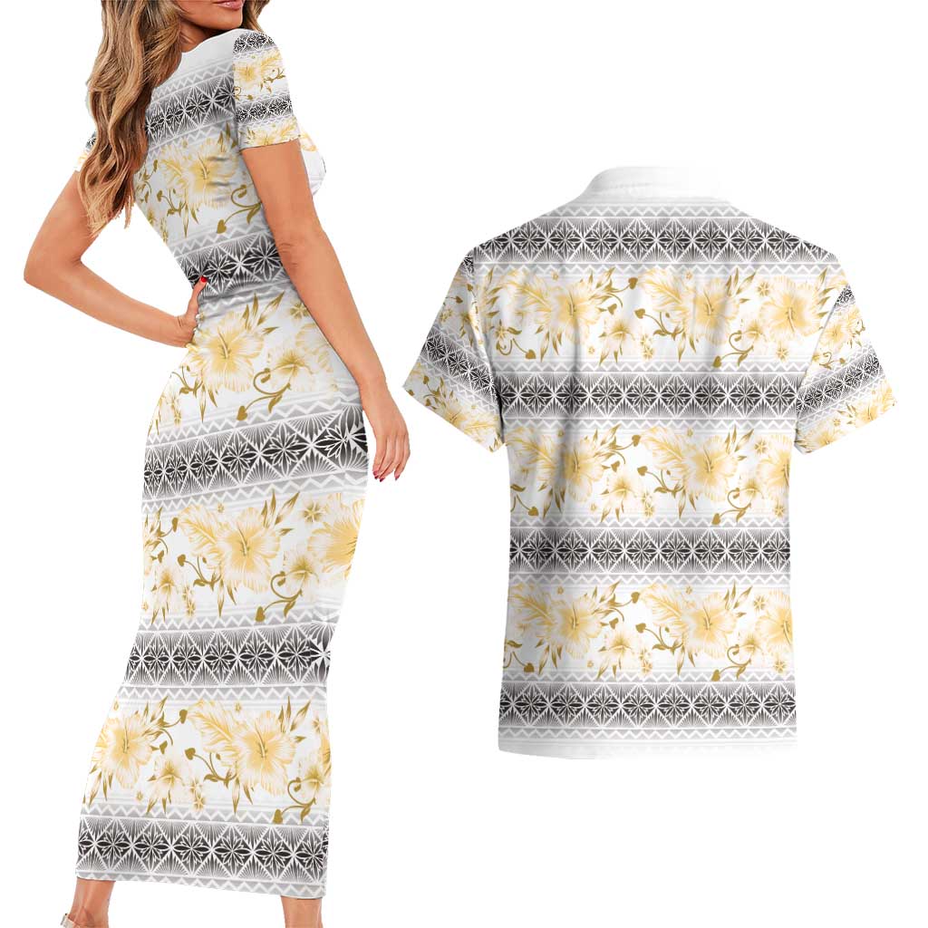 Samoa White Sunday Couples Matching Short Sleeve Bodycon Dress and Hawaiian Shirt Samoan Tapa Yellow Hibiscus - Polynesian Pride