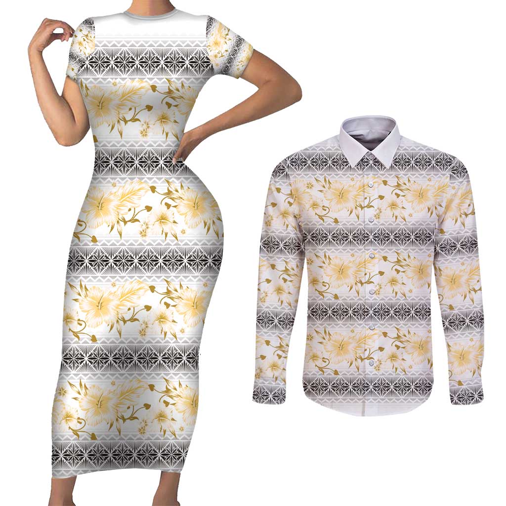 Samoa White Sunday Couples Matching Short Sleeve Bodycon Dress and Long Sleeve Button Shirt Samoan Tapa Yellow Hibiscus - Polynesian Pride