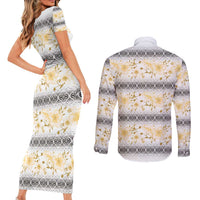 Samoa White Sunday Couples Matching Short Sleeve Bodycon Dress and Long Sleeve Button Shirt Samoan Tapa Yellow Hibiscus - Polynesian Pride