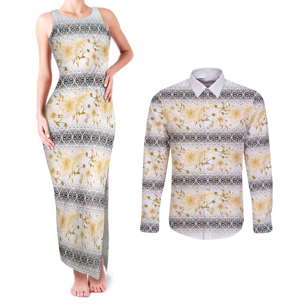Samoa White Sunday Couples Matching Tank Maxi Dress and Long Sleeve Button Shirt Samoan Tapa Yellow Hibiscus - Polynesian Pride