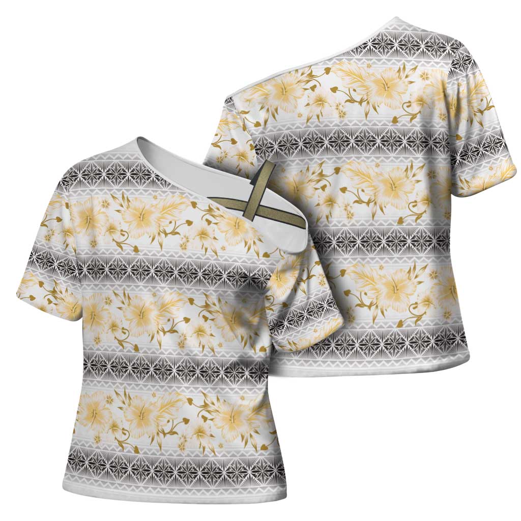 Samoa White Sunday Cross Shoulder Shirt Samoan Tapa Yellow Hibiscus - Polynesian Pride