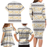 Samoa White Sunday Family Matching Long Sleeve Bodycon Dress and Hawaiian Shirt Samoan Tapa Yellow Hibiscus - Polynesian Pride