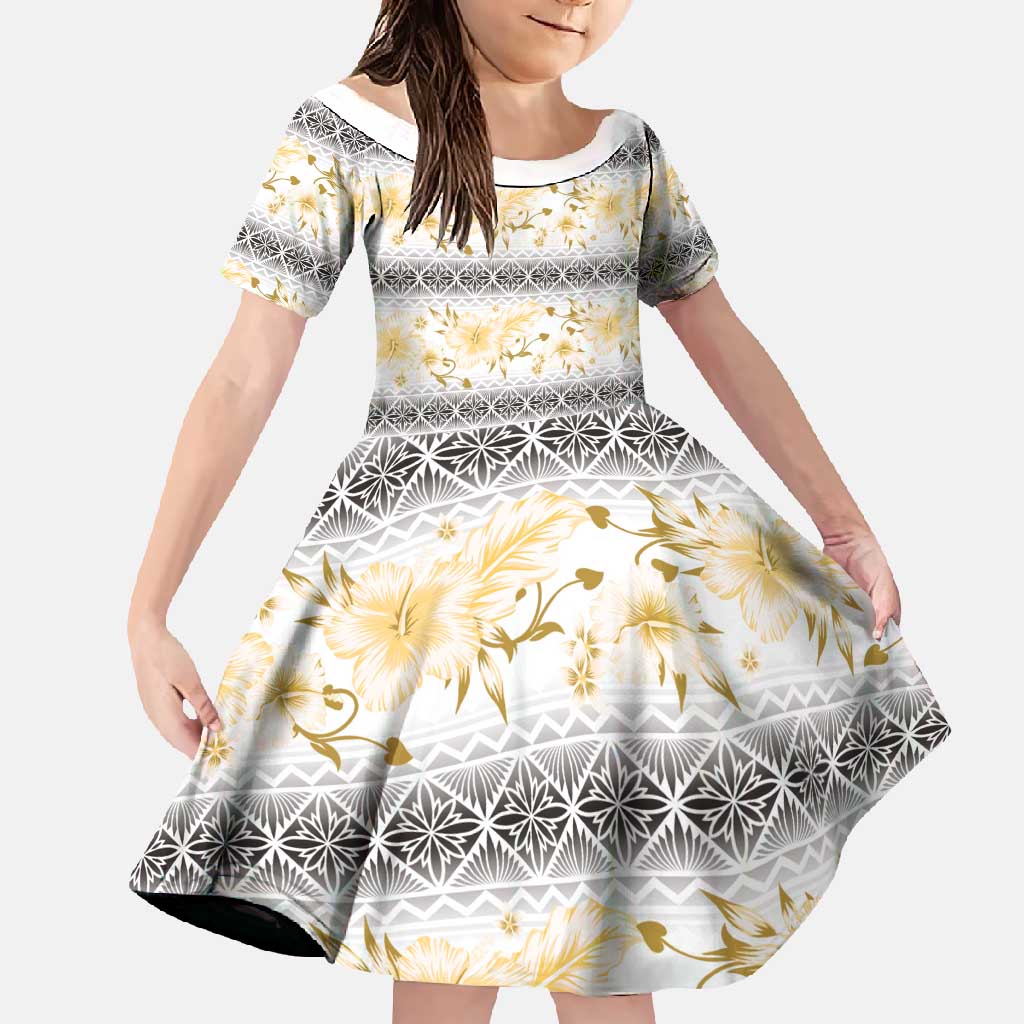 Samoa White Sunday Family Matching Mermaid Dress and Hawaiian Shirt Samoan Tapa Yellow Hibiscus - Polynesian Pride