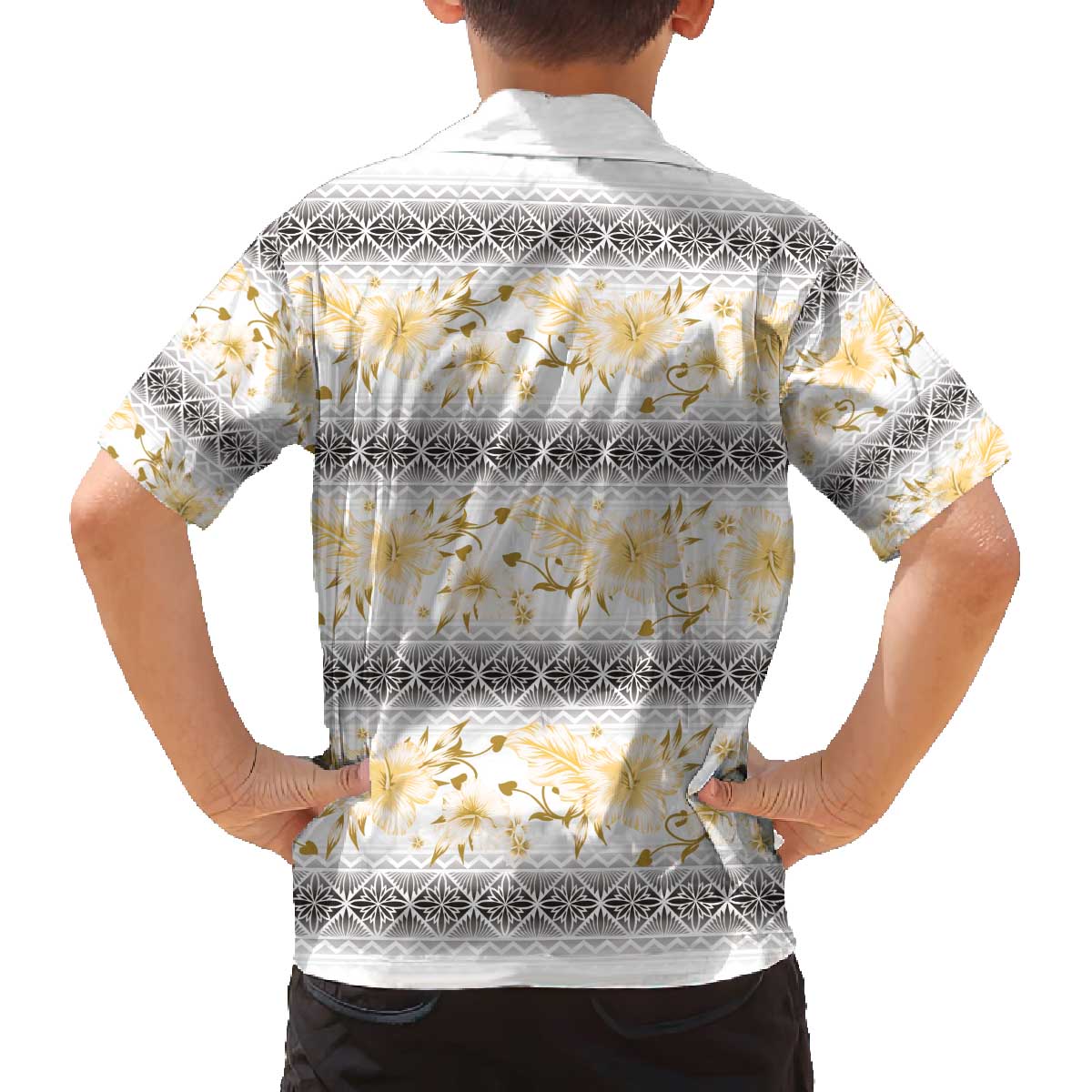 Samoa White Sunday Family Matching Off The Shoulder Long Sleeve Dress and Hawaiian Shirt Samoan Tapa Yellow Hibiscus - Polynesian Pride