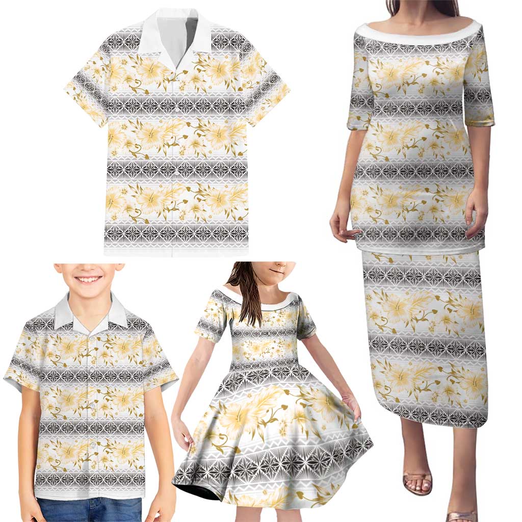 Samoa White Sunday Family Matching Puletasi and Hawaiian Shirt Samoan Tapa Yellow Hibiscus - Polynesian Pride