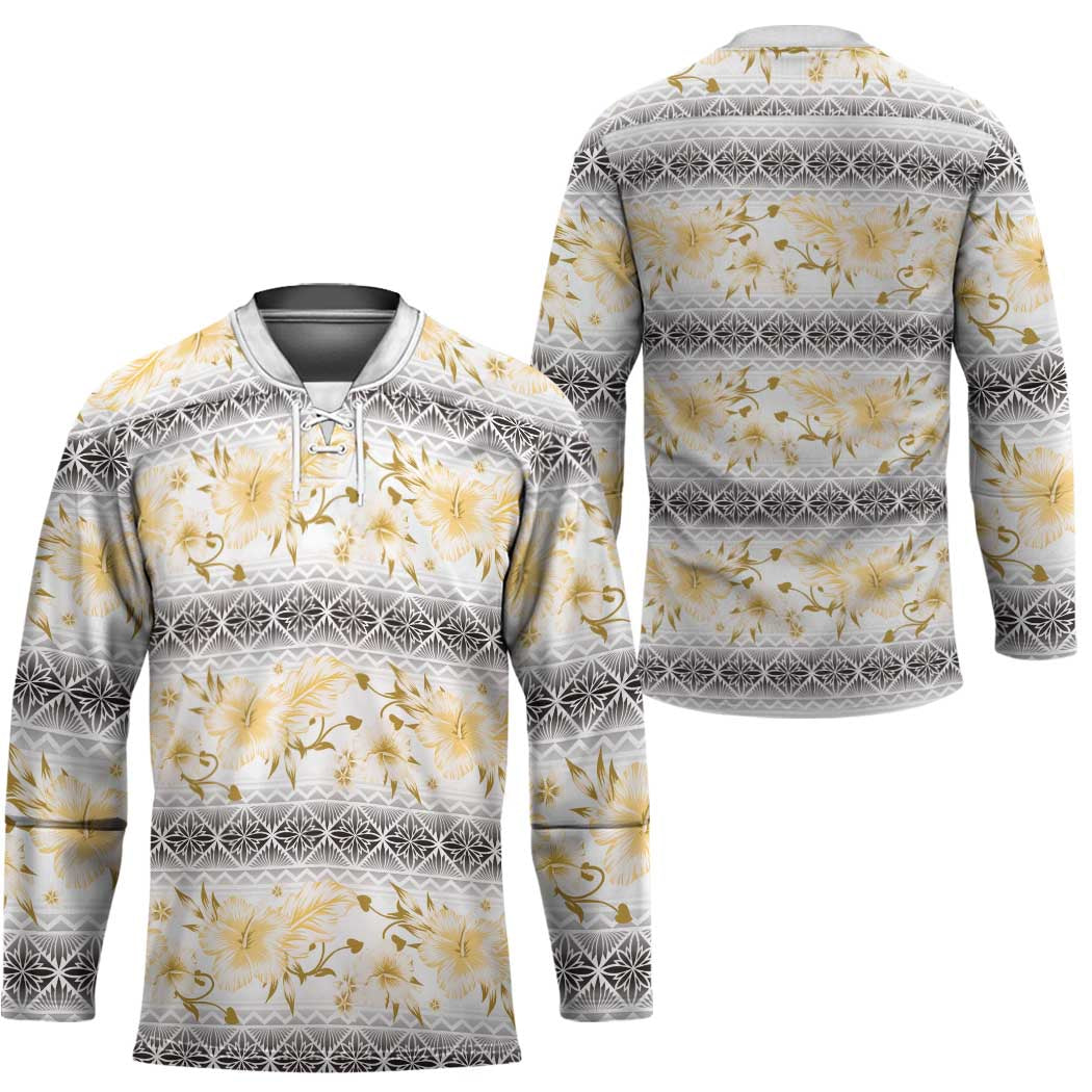 Samoa White Sunday Hockey Jersey Samoan Tapa Yellow Hibiscus - Polynesian Pride