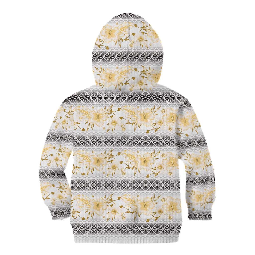Samoa White Sunday Kid Hoodie Samoan Tapa Yellow Hibiscus - Polynesian Pride