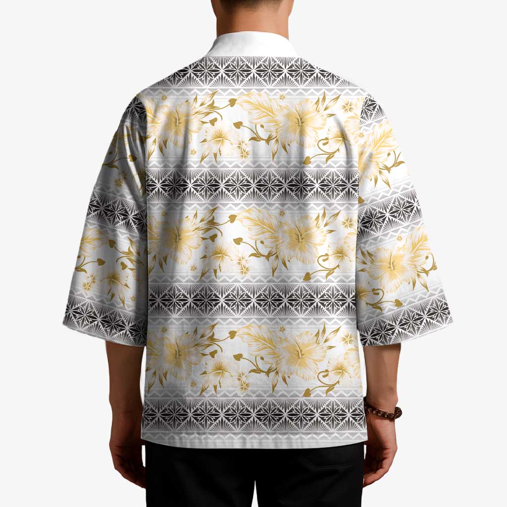 Samoa White Sunday Kimono Samoan Tapa Yellow Hibiscus - Polynesian Pride
