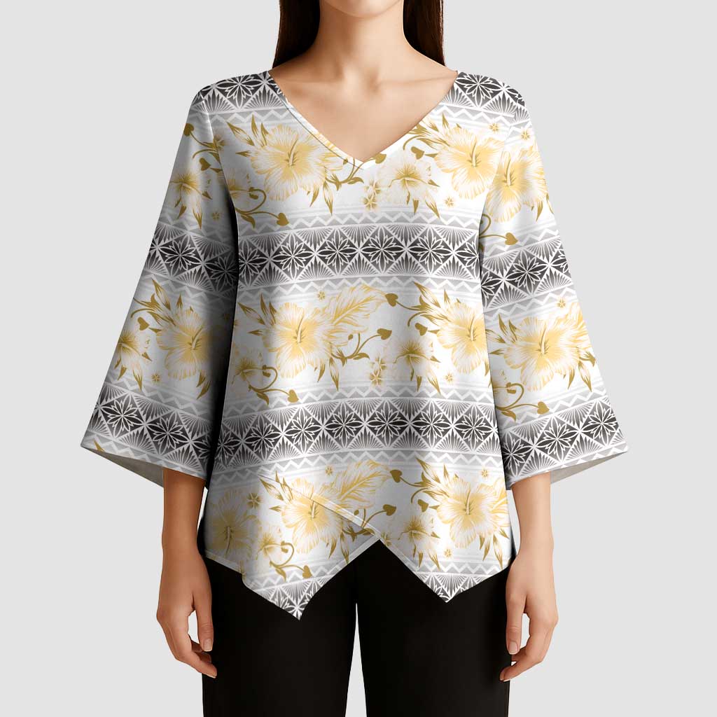 Samoa White Sunday Kimono Sleeve Blouse Samoan Tapa Yellow Hibiscus - Polynesian Pride