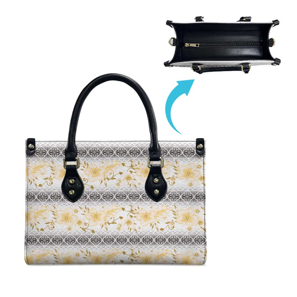 Samoa White Sunday Leather Bag Samoan Tapa Yellow Hibiscus - Polynesian Pride