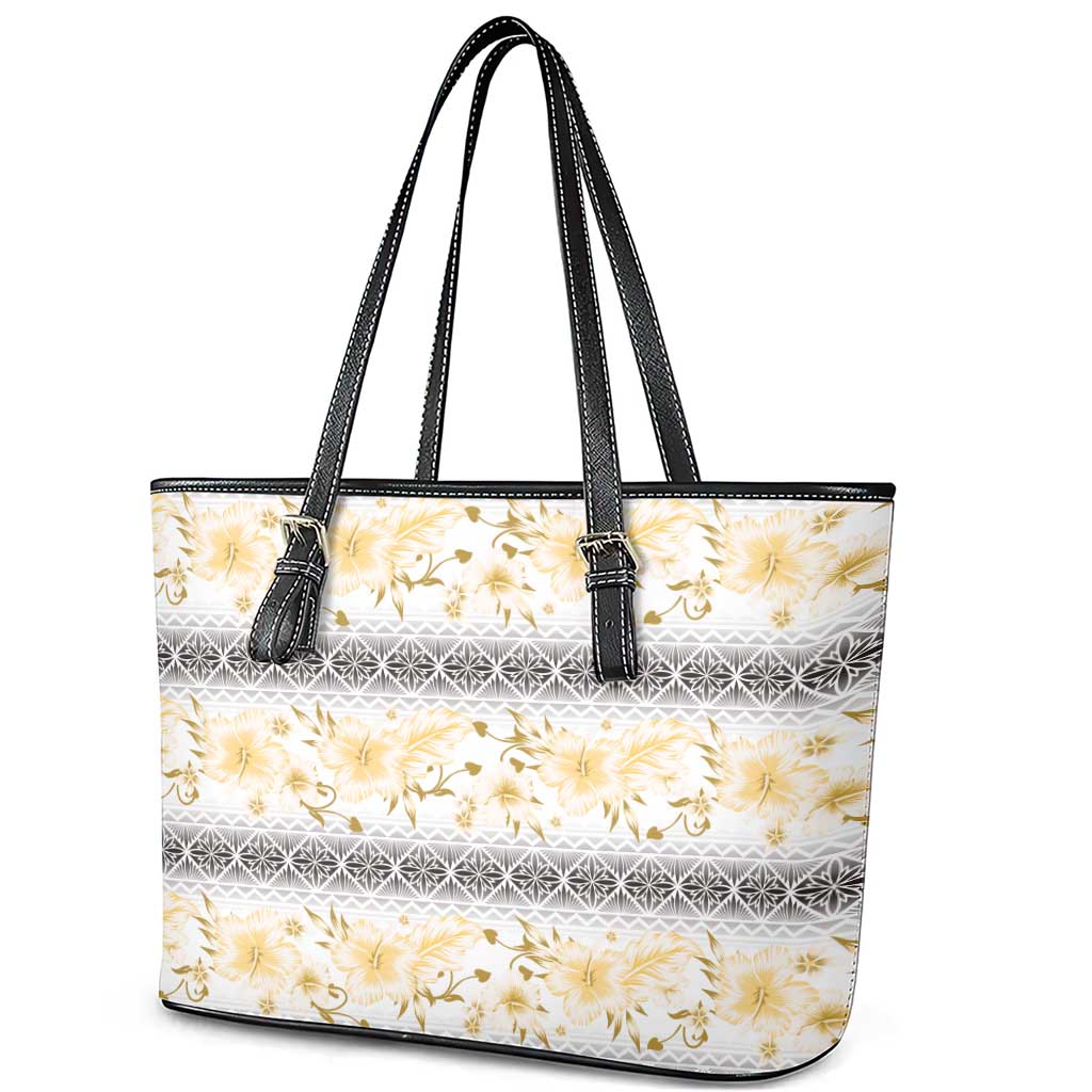 Samoa White Sunday Leather Tote Bag Samoan Tapa Yellow Hibiscus - Polynesian Pride