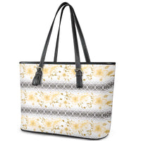 Samoa White Sunday Leather Tote Bag Samoan Tapa Yellow Hibiscus - Polynesian Pride