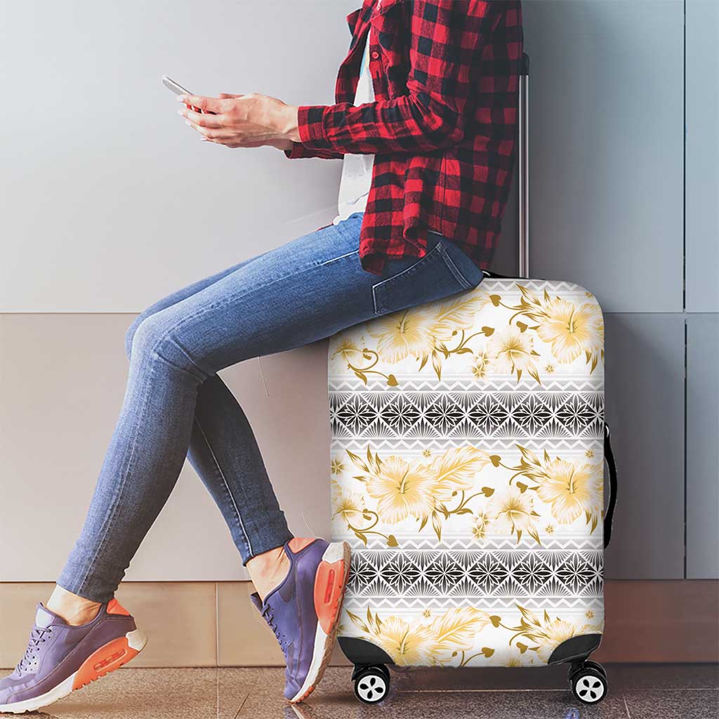 Samoa White Sunday Luggage Cover Samoan Tapa Yellow Hibiscus - Polynesian Pride