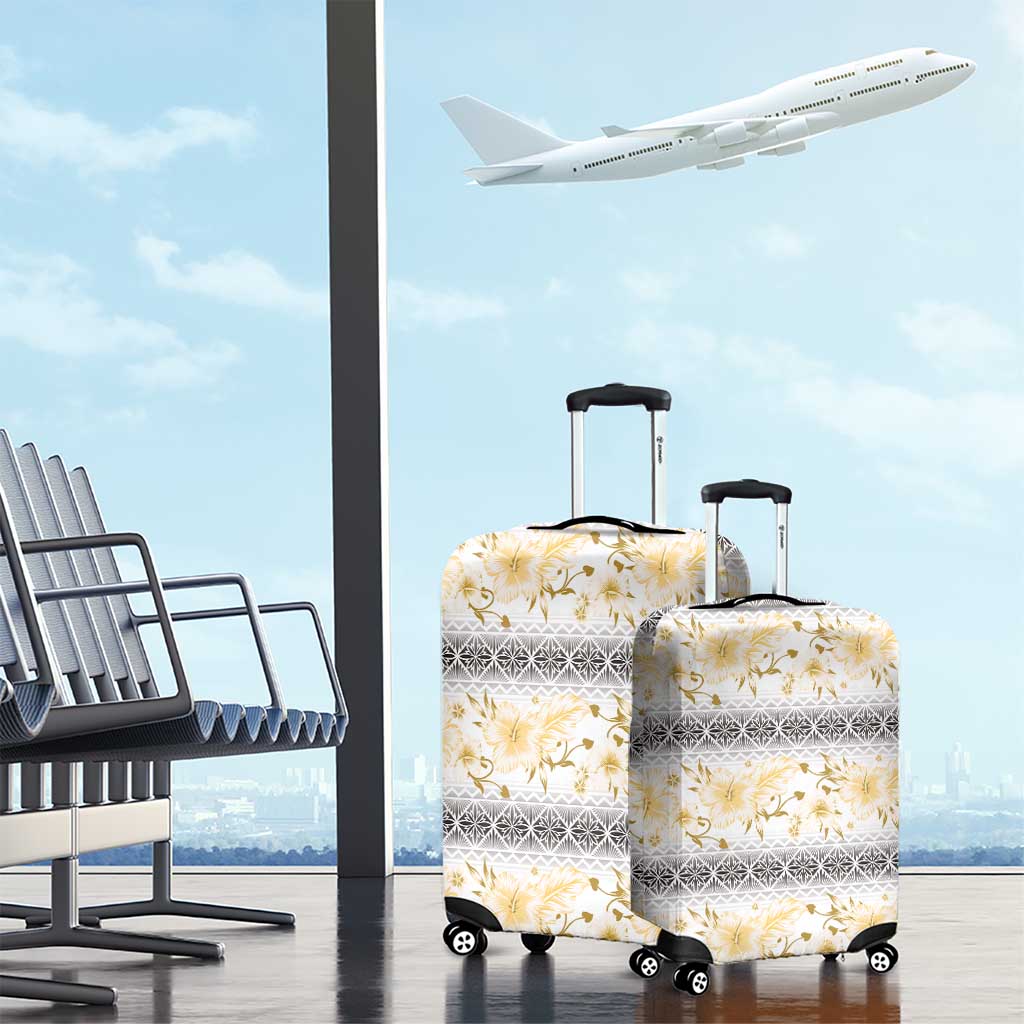 Samoa White Sunday Luggage Cover Samoan Tapa Yellow Hibiscus - Polynesian Pride