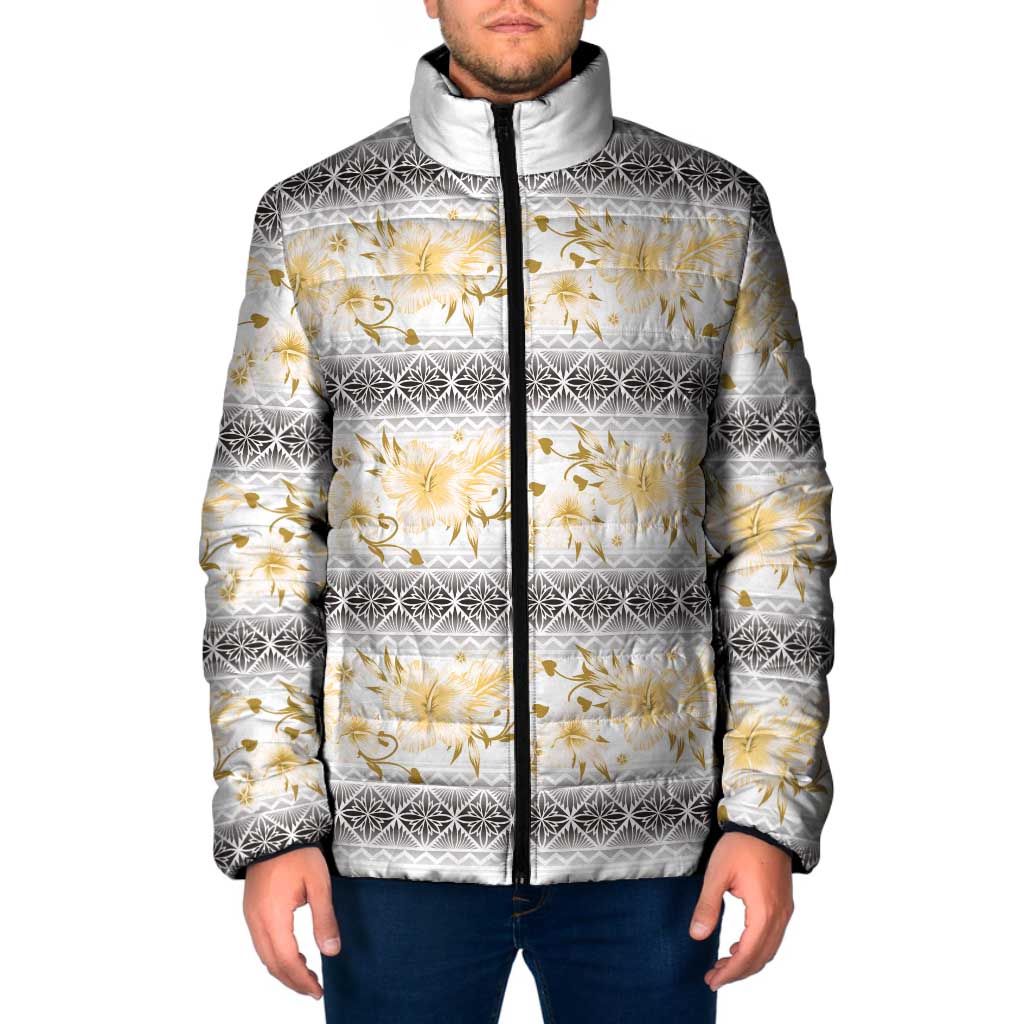 Samoa White Sunday Padded Jacket Samoan Tapa Yellow Hibiscus - Polynesian Pride