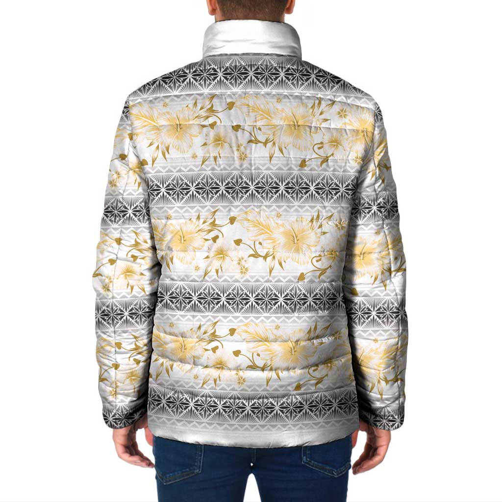 Samoa White Sunday Padded Jacket Samoan Tapa Yellow Hibiscus - Polynesian Pride