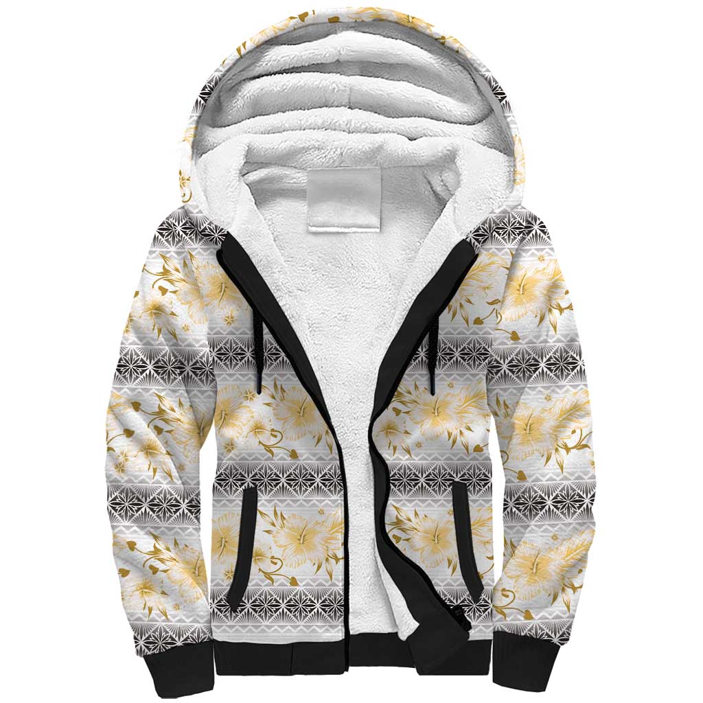Samoa White Sunday Sherpa Hoodie Samoan Tapa Yellow Hibiscus - Polynesian Pride