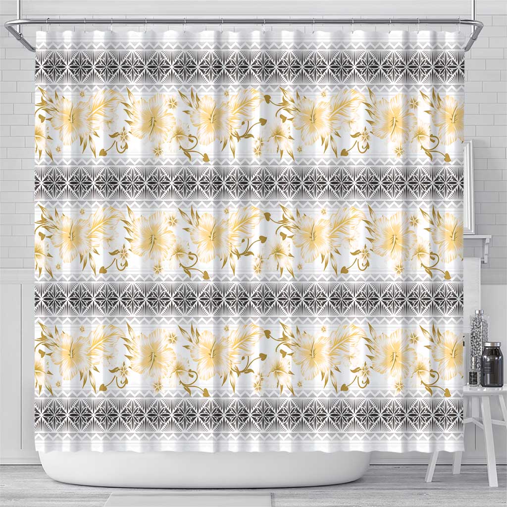 Samoa White Sunday Shower Curtain Samoan Tapa Yellow Hibiscus - Polynesian Pride