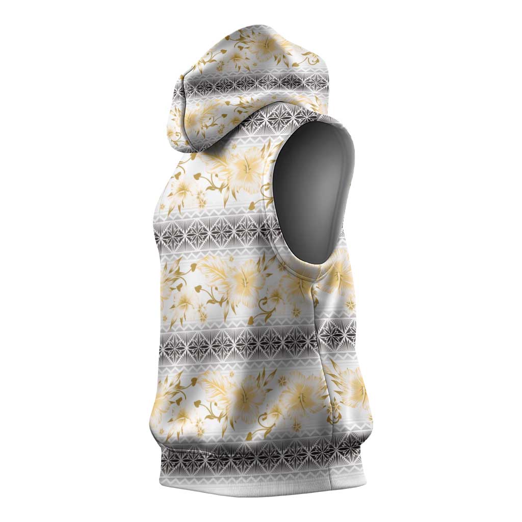 Samoa White Sunday Sleeveless Hoodie Samoan Tapa Yellow Hibiscus - Polynesian Pride