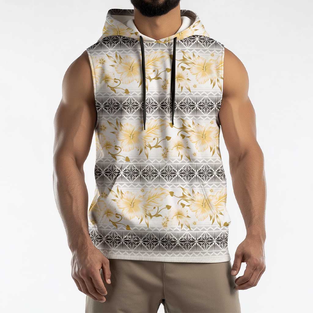 Samoa White Sunday Sleeveless Hoodie Samoan Tapa Yellow Hibiscus - Polynesian Pride