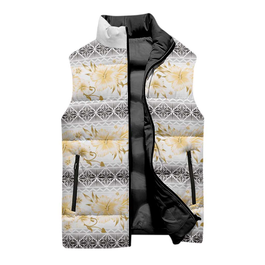 Samoa White Sunday Sleeveless Puffer Jacket Samoan Tapa Yellow Hibiscus - Polynesian Pride