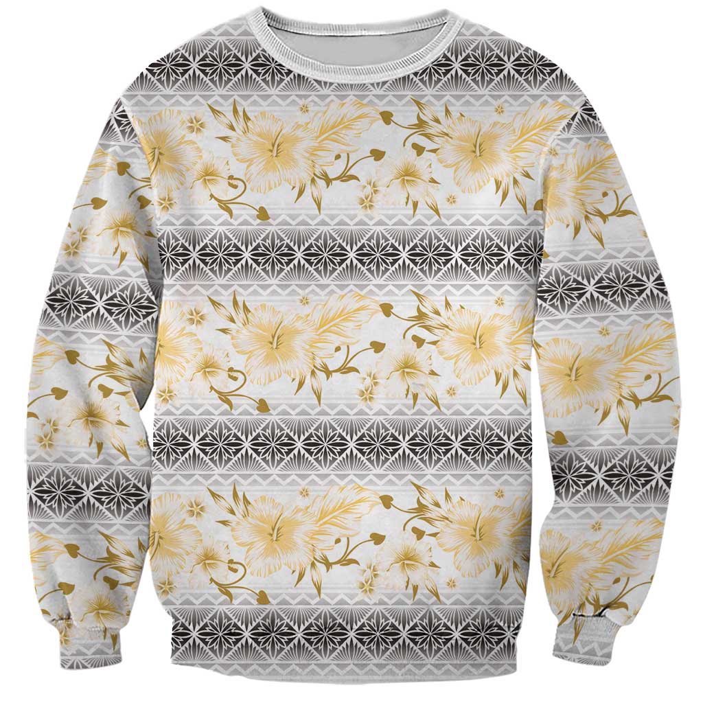 Samoa White Sunday Sweatshirt Samoan Tapa Yellow Hibiscus - Polynesian Pride